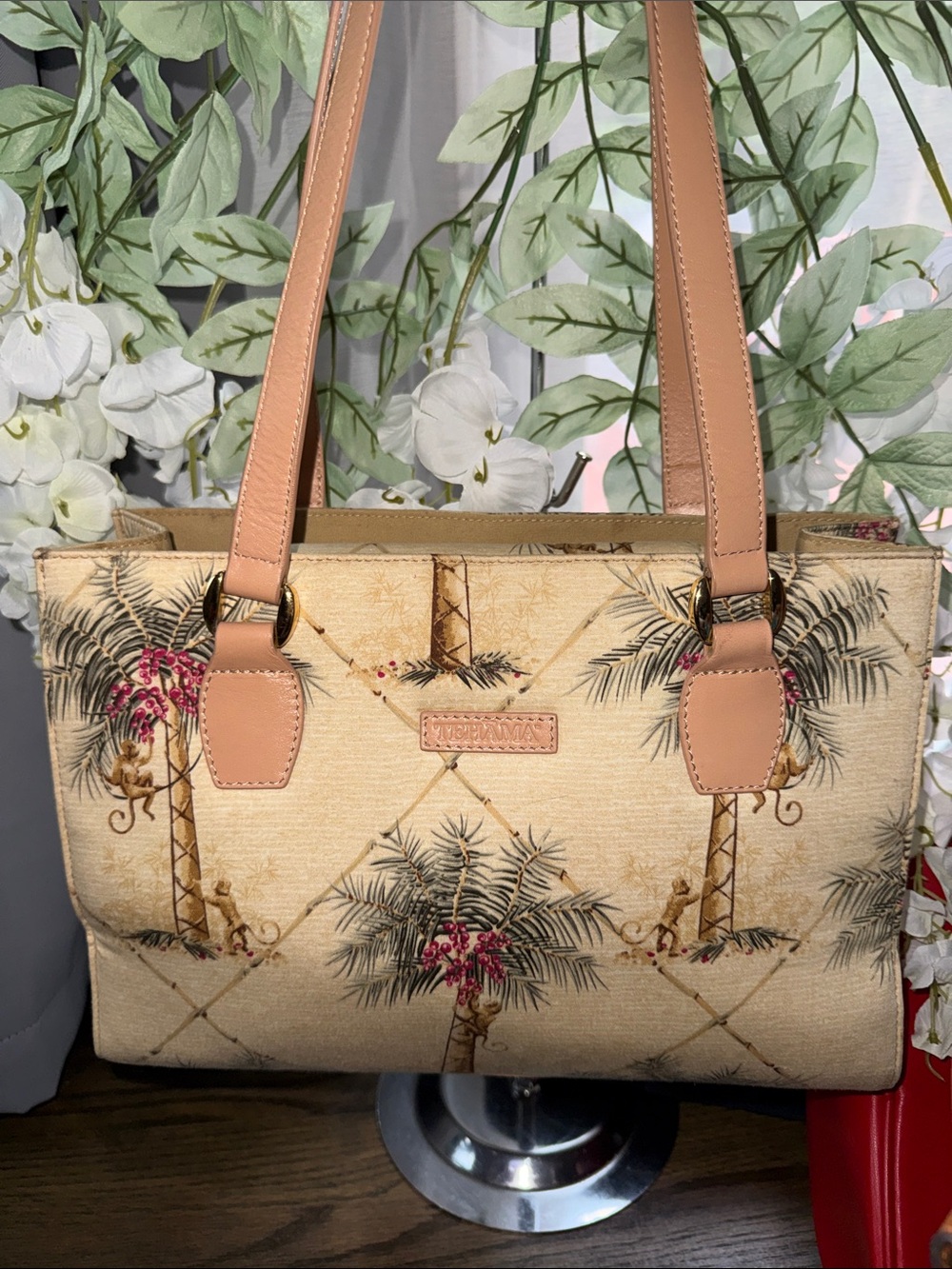 TEHAMA NWOT Tropical Palm Print Tote Bag - Beige
